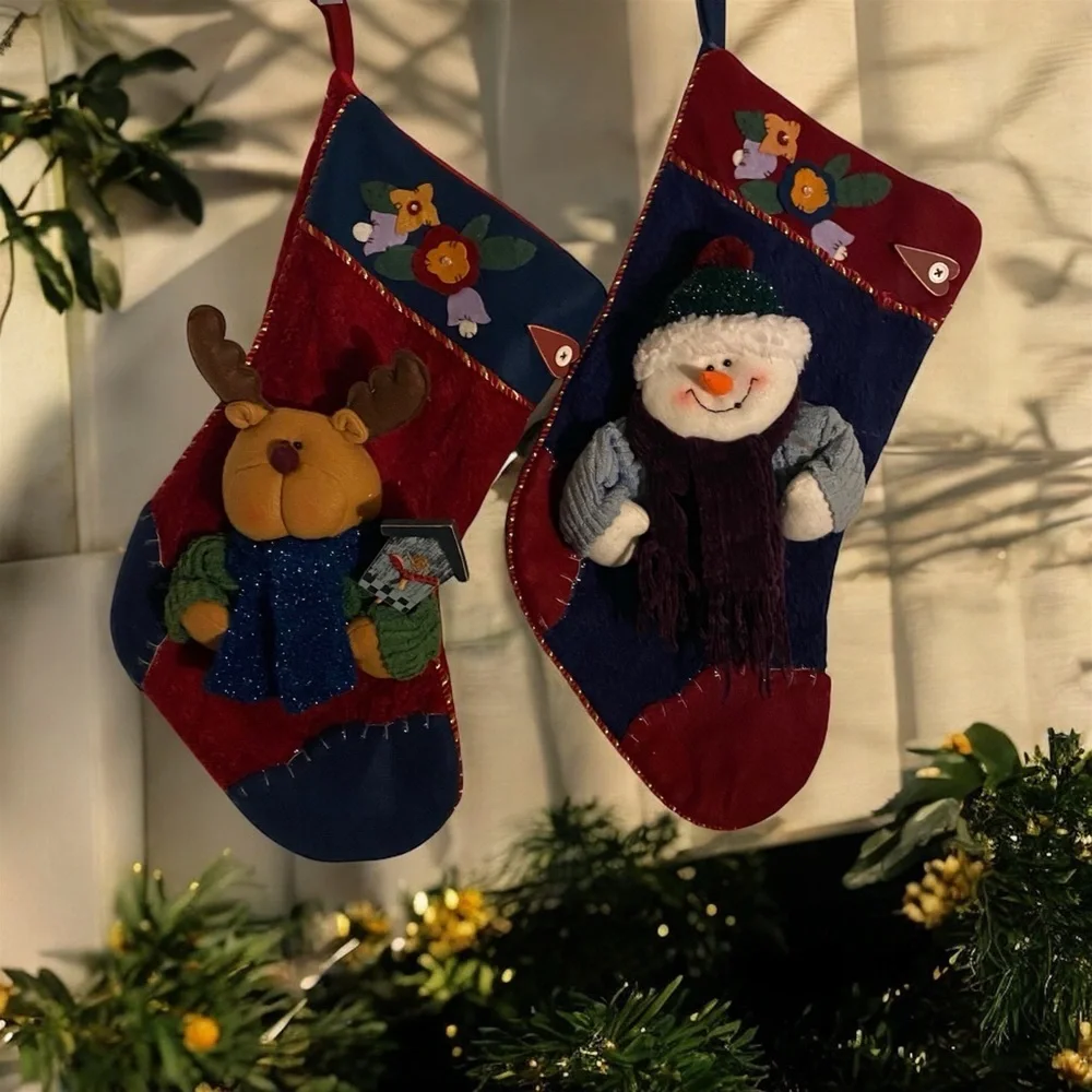 2 Christmas Plush 3D Patchwork Holiday Stockings Snowman and Reindeer 18”x 10”